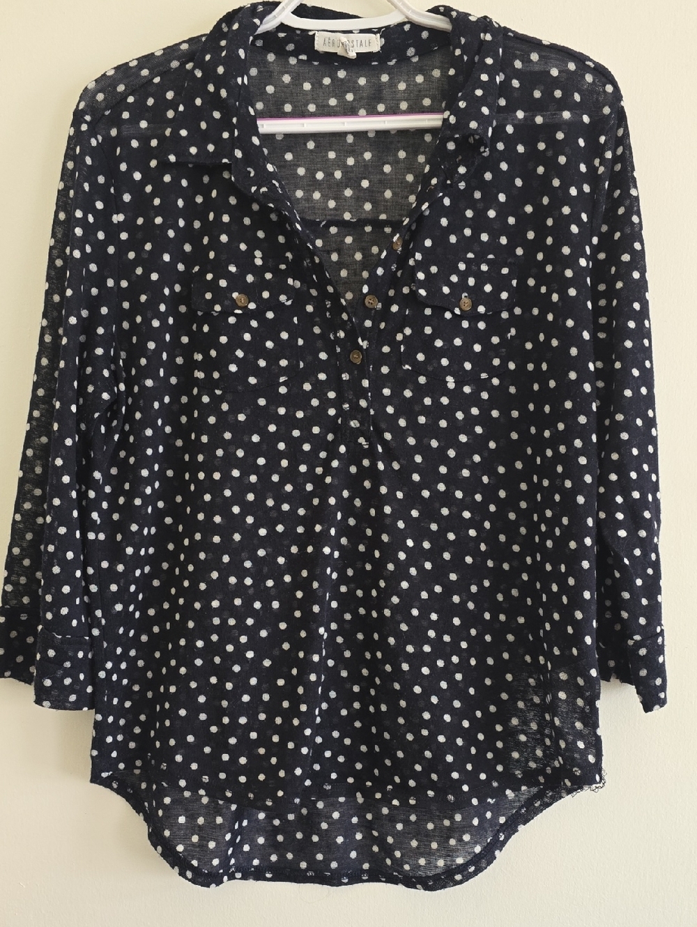 Aeropostle Navy and White Polka Dot Button-Front Shirt